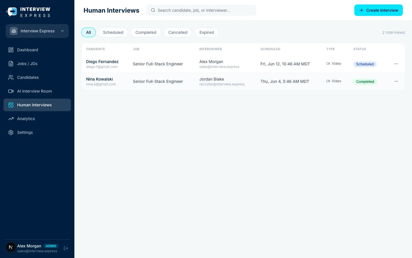 Human interview scheduling dashboard