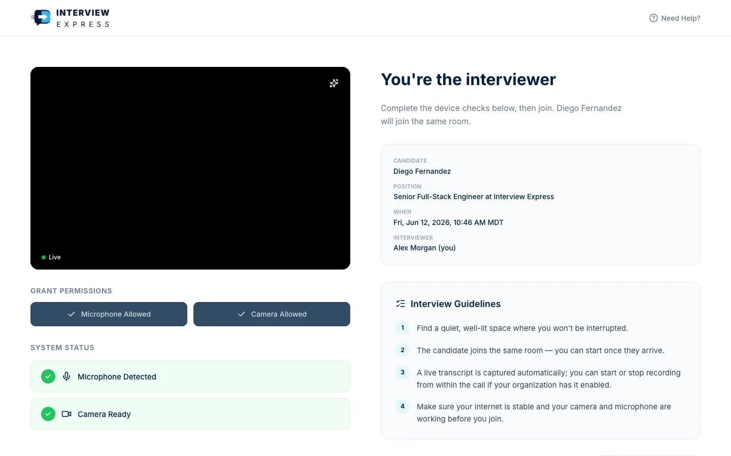 Interviewer magic-link join screen